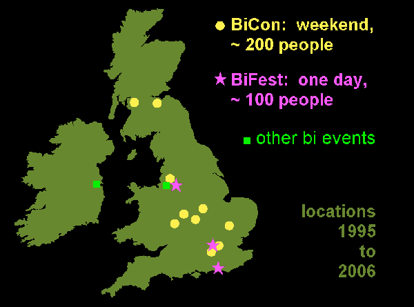 Map of the UK showing locations of past bi events